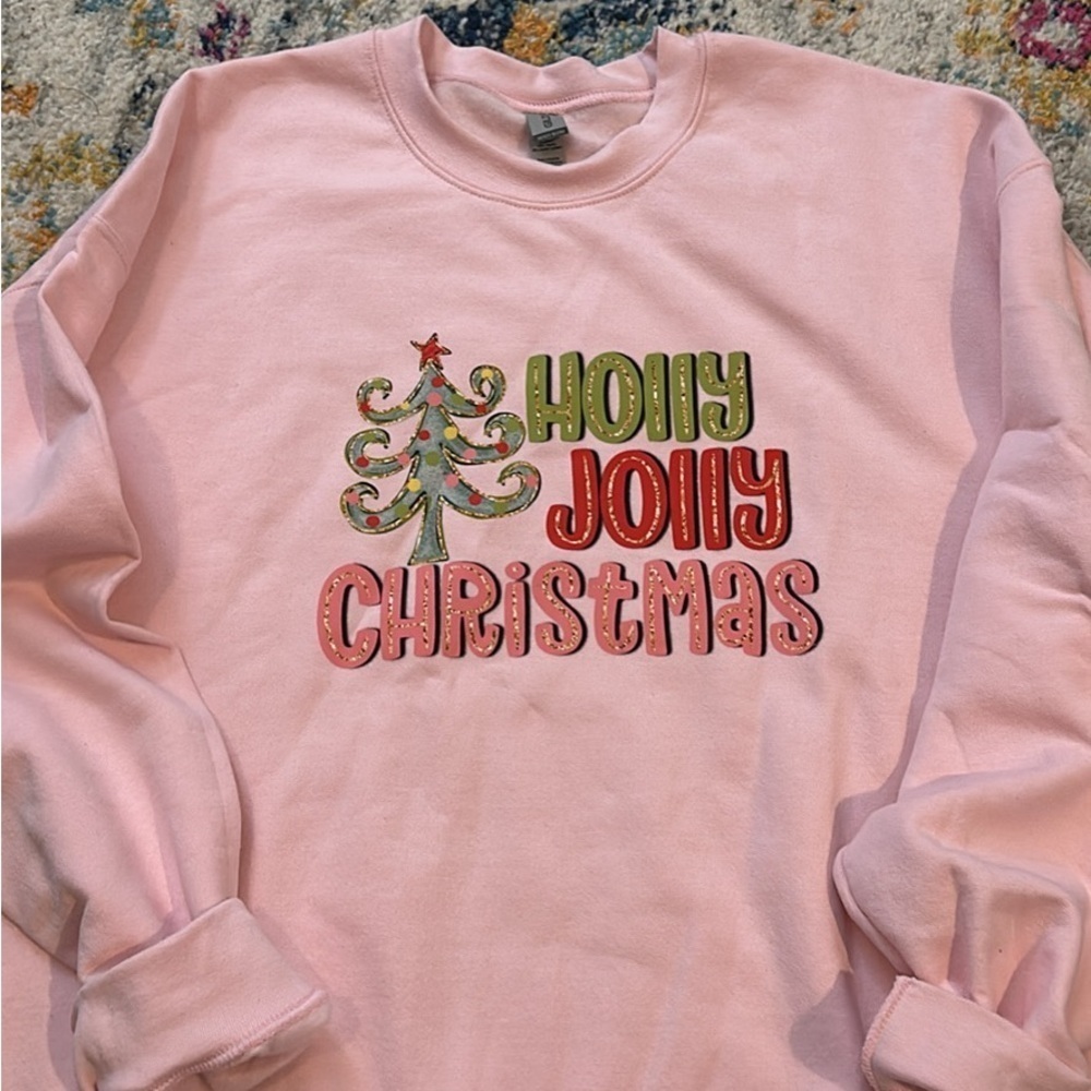 NEW LADIES HOLLY JOLLY CHRISTMAS PINK GILDAN SWEATSHIRT SIZE X-LARGE